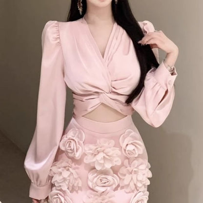 Ruched Rise Plain Blouse Floral Pencil Applique V-Neck High Mini Sleeve Long Crop Skirt /