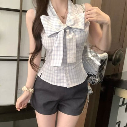 Top Ribbon Dotted Sleeveless Neck