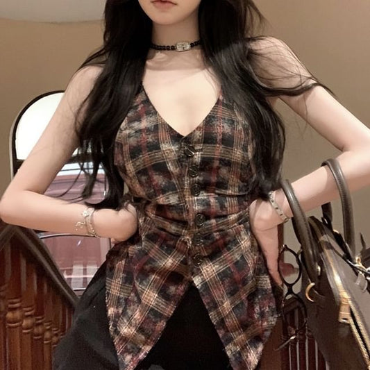 V-Neck Plaid Button-Up Sleeveless Top
