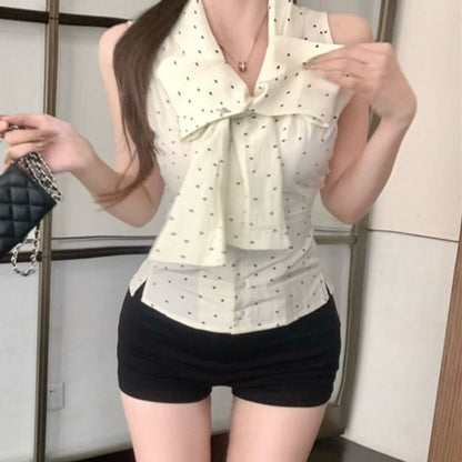 Top Ribbon Dotted Sleeveless Neck