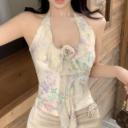 Crop Print Top Mini Skirt / Halter Neck