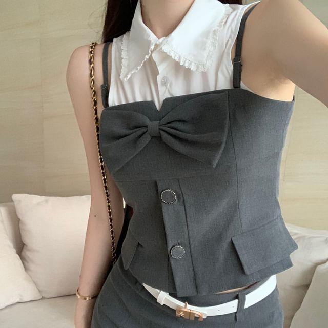 Mini Pencil Crop Camisole Plain Top Skirt Sleeveless Shirt Button-Up /