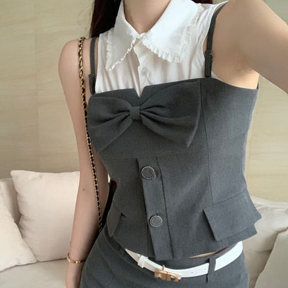 Mini Pencil Crop Camisole Plain Top Skirt Sleeveless Shirt Button-Up /