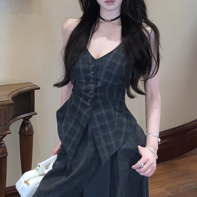 V-Neck Plaid Button-Up Sleeveless Top