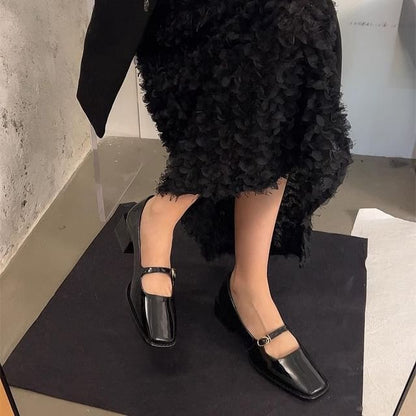 Square-Toe Mary Jane Heel Chunky Shoes