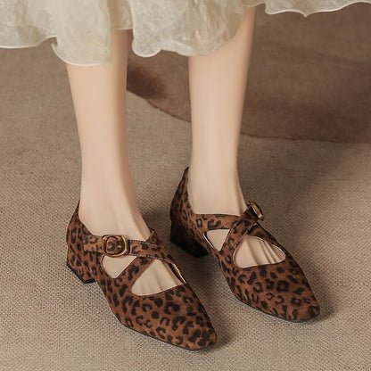 Mary Leopard Heel Jane Cross Shoes Chunky Strap Print