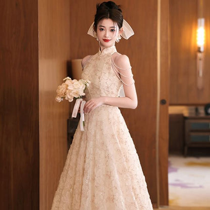 Evening Stand Pearl Dress Faux A-Line Fringed Collar Floral Jacquard Halter Neck