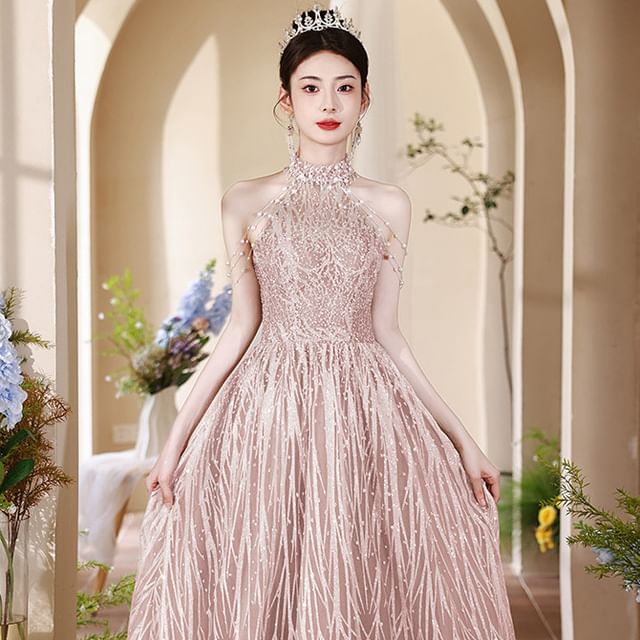 Neck Cutout Evening Gown Fringed Mock Back A-Line Pearl Halter Faux