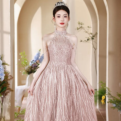 Neck Cutout Evening Gown Fringed Mock Back A-Line Pearl Halter Faux