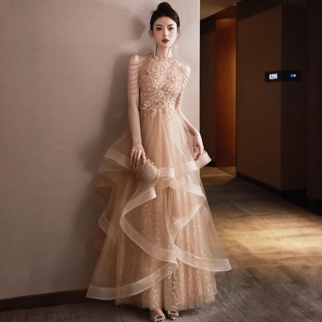 Gown Evening A-Line Neck Sequin Layered Floral Halter Fringed