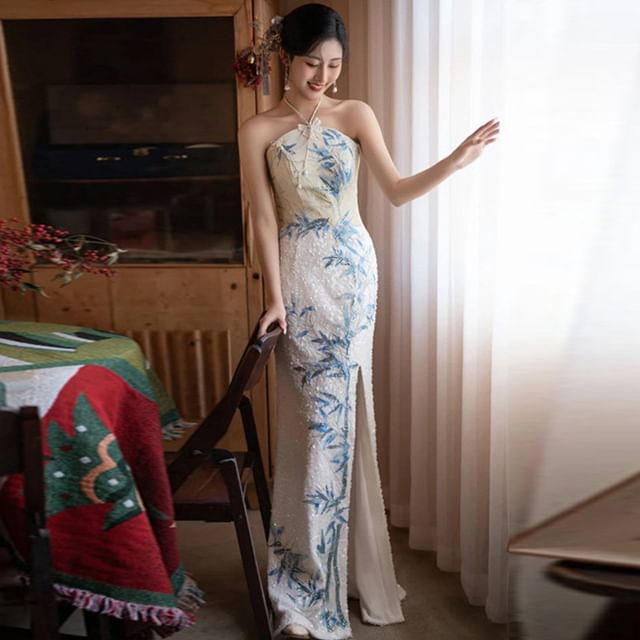 Halter Mermaid Dress Bamboo Evening Slit Neck Embroidered Sequin