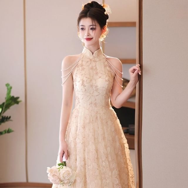 Evening Stand Pearl Dress Faux A-Line Fringed Collar Floral Jacquard Halter Neck