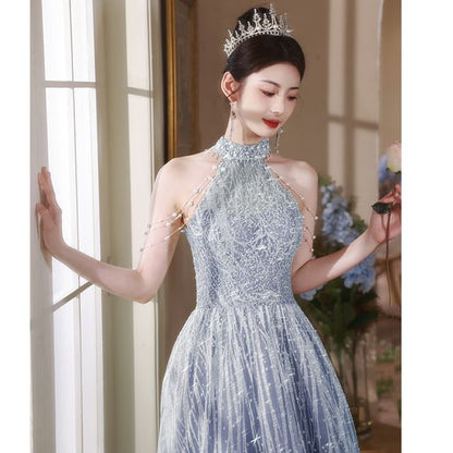 Neck Cutout Evening Gown Fringed Mock Back A-Line Pearl Halter Faux