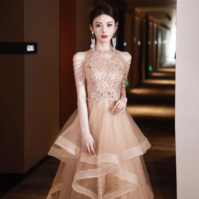 Gown Evening A-Line Neck Sequin Layered Floral Halter Fringed