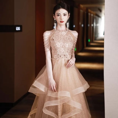 Gown Evening A-Line Neck Sequin Layered Floral Halter Fringed