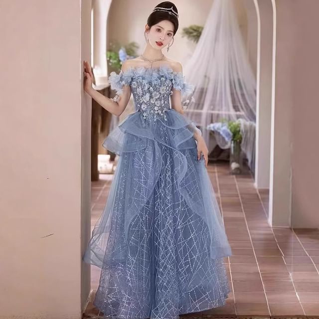 Off-Shoulder Ruffle A-Line Gown Evening Floral Sequin