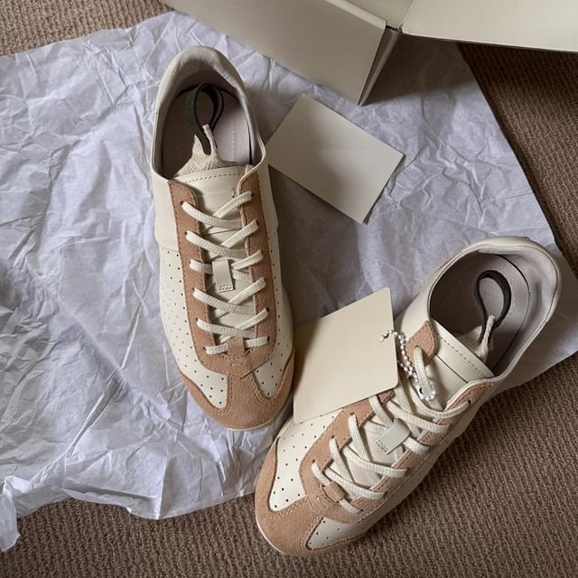 Leather Genuine Sneakers Tone Two Lace-Up
