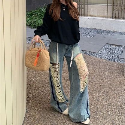 Off-Shoulder / Plain Pullover Waist Contrast Trim Drawstring