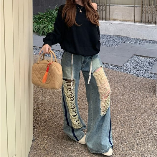 Off-Shoulder / Plain Pullover Waist Contrast Trim Drawstring