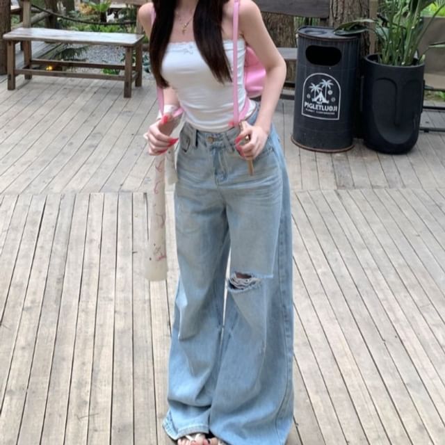 Ruched Bow Crop Trim Accent Top / Rise Mid Tube Lace Washed Plain