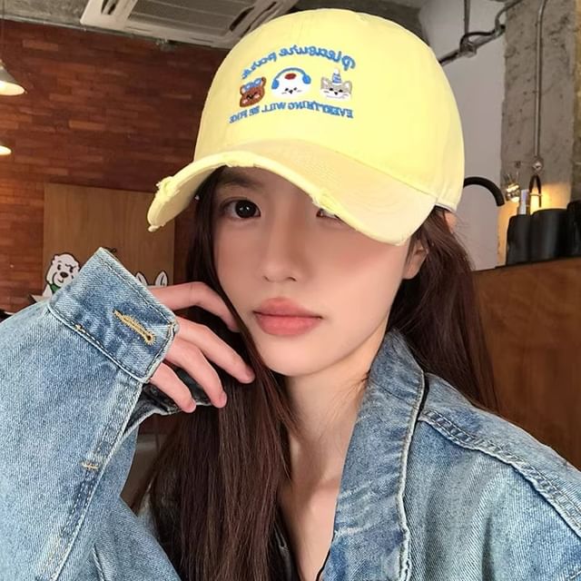Cap Baseball Cartoon Embroidered Distressed
