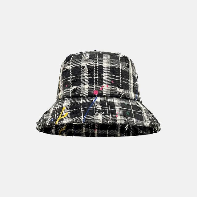 Distressed Bucket Plaid Hat