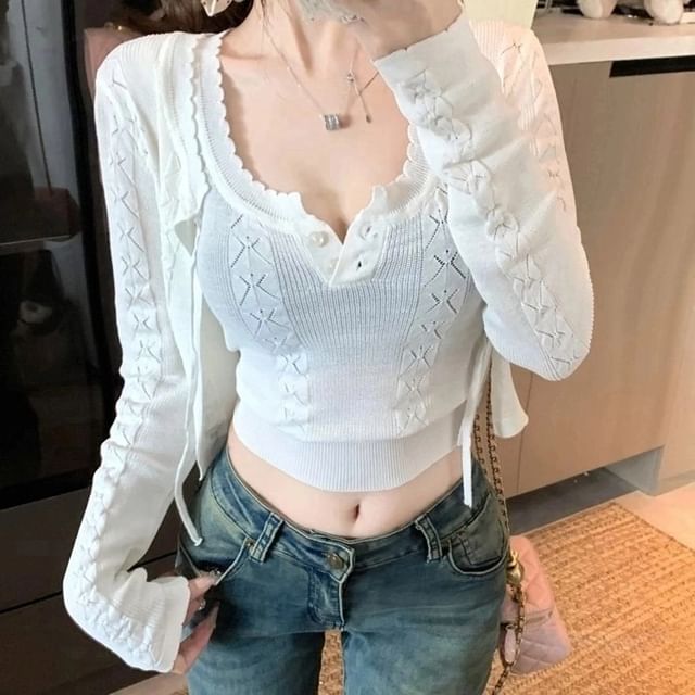 Neck Top Cardigan + Cable Scoop Sleeveless Knit Set: Plain Crop