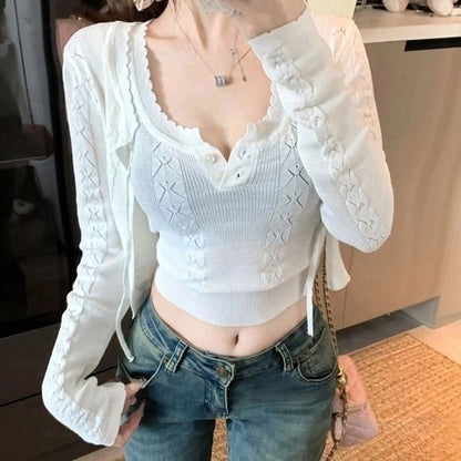 Neck Top Cardigan + Cable Scoop Sleeveless Knit Set: Plain Crop