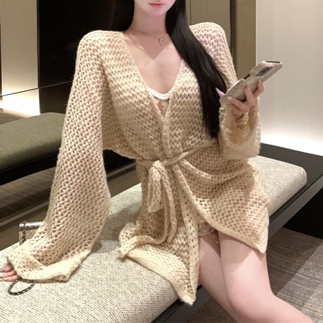 Bodycon Spaghetti Cardigan Flower Plain / Strap V-Neck Print Dress Crochet Mini