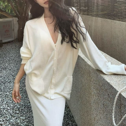 Mid Blouse Skirt A-Line Waist V-Neck / Maxi Plain Long-Sleeve