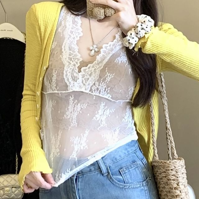 Trim Top Ruffle Cardigan Camisole V-Neck Scoop Lace Neck Plain /