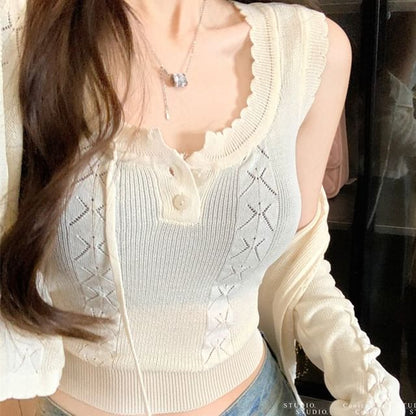 Neck Top Cardigan + Cable Scoop Sleeveless Knit Set: Plain Crop