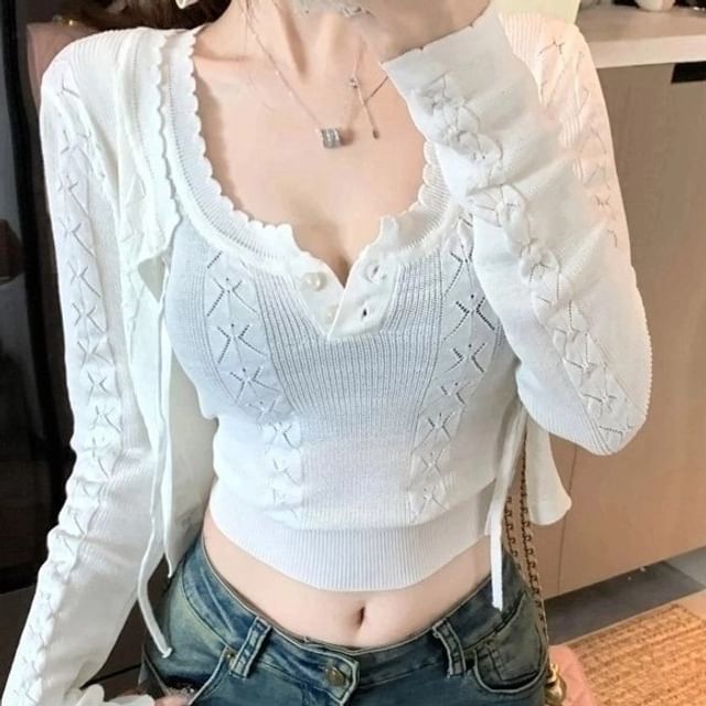 Neck Top Cardigan + Cable Scoop Sleeveless Knit Set: Plain Crop