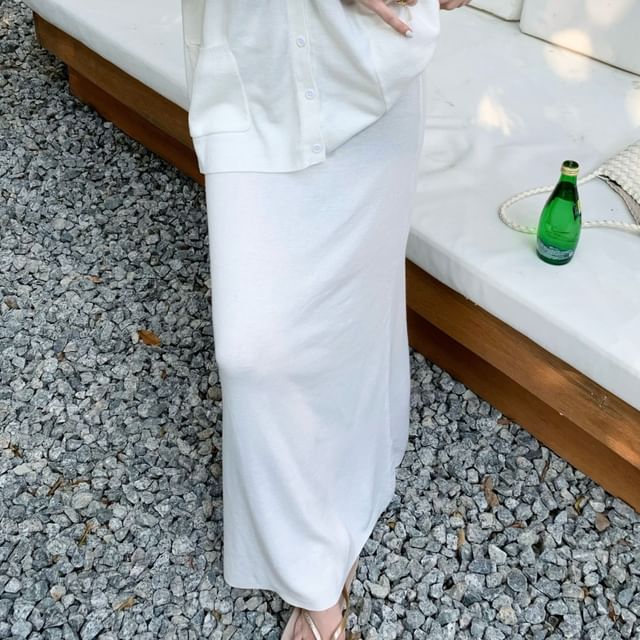 Mid Blouse Skirt A-Line Waist V-Neck / Maxi Plain Long-Sleeve