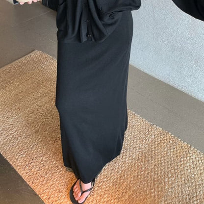 Mid Blouse Skirt A-Line Waist V-Neck / Maxi Plain Long-Sleeve