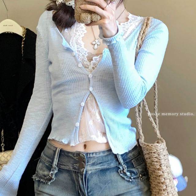 Trim Top Ruffle Cardigan Camisole V-Neck Scoop Lace Neck Plain /