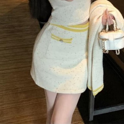 Contrast High Top Skirt / Cardigan Scoop Neck Button Pencil Cami Mini Waist Trim