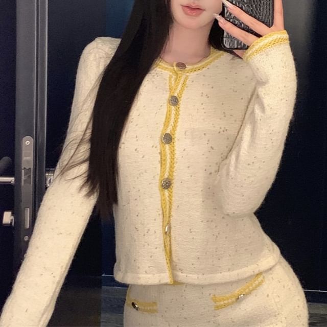 Contrast High Top Skirt / Cardigan Scoop Neck Button Pencil Cami Mini Waist Trim