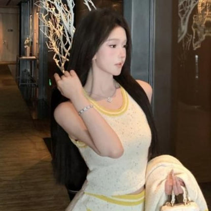 Contrast High Top Skirt / Cardigan Scoop Neck Button Pencil Cami Mini Waist Trim