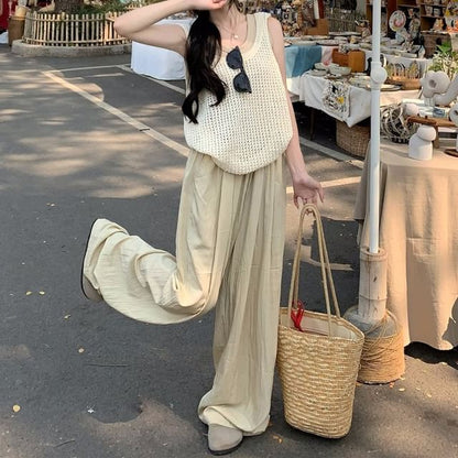 Leg Waist Top / Plain Wide Sleeveless Pants High Tank Scoop Neck Knit