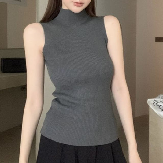 Plain Crop Ribbed Neck Top Sleeveless Knit Mock