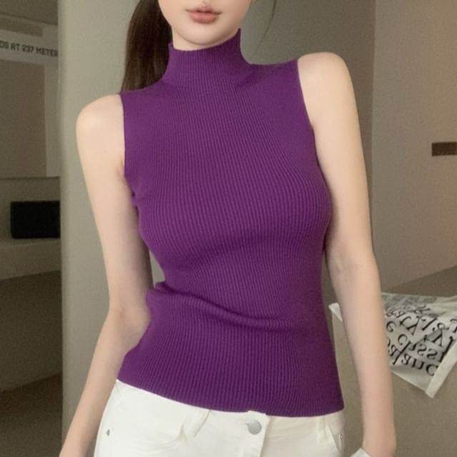 Plain Crop Ribbed Neck Top Sleeveless Knit Mock