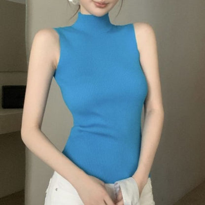 Plain Crop Ribbed Neck Top Sleeveless Knit Mock