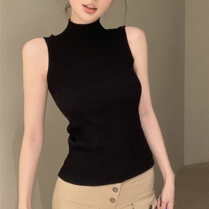 Plain Crop Ribbed Neck Top Sleeveless Knit Mock
