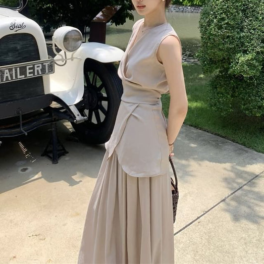 V-Neck Tank Maxi Set: Top Waist A-Line Elastic Plain Skirt Asymmetrical +