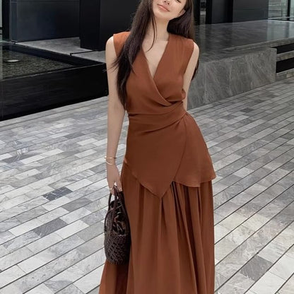 V-Neck Tank Maxi Set: Top Waist A-Line Elastic Plain Skirt Asymmetrical +
