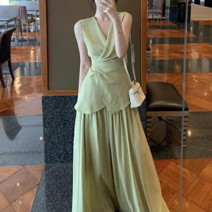 V-Neck Tank Maxi Set: Top Waist A-Line Elastic Plain Skirt Asymmetrical +