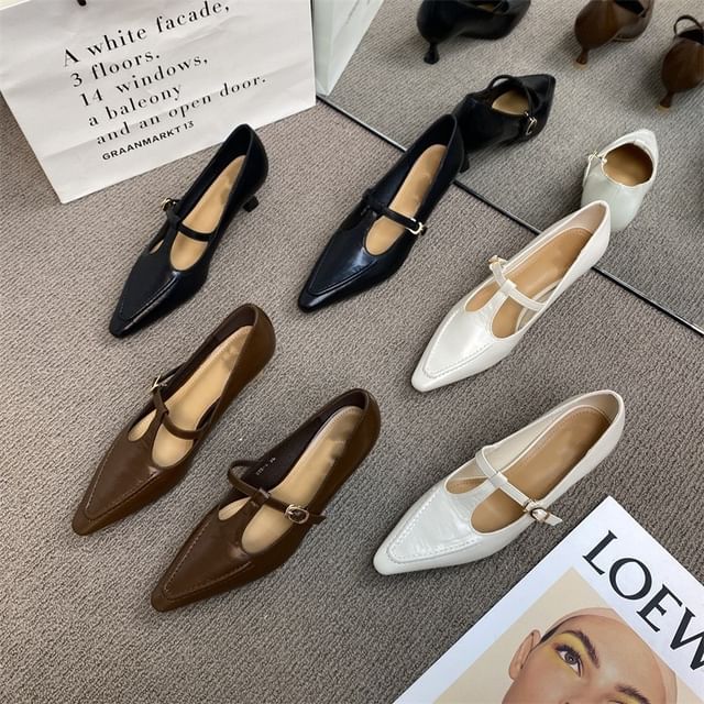 Jane Pointed Shoes Pyramid Strap T Heel Mary