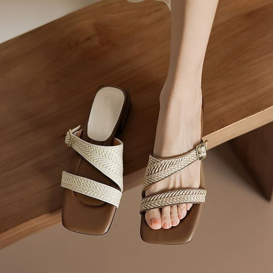 Strap Low Heel Sandals Square Woven Toe