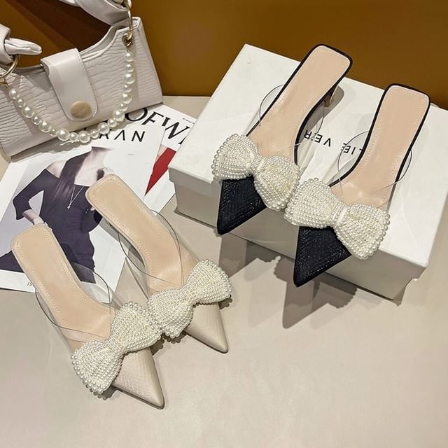 Transparent Heel Strap Beaded Bow Mules Spool